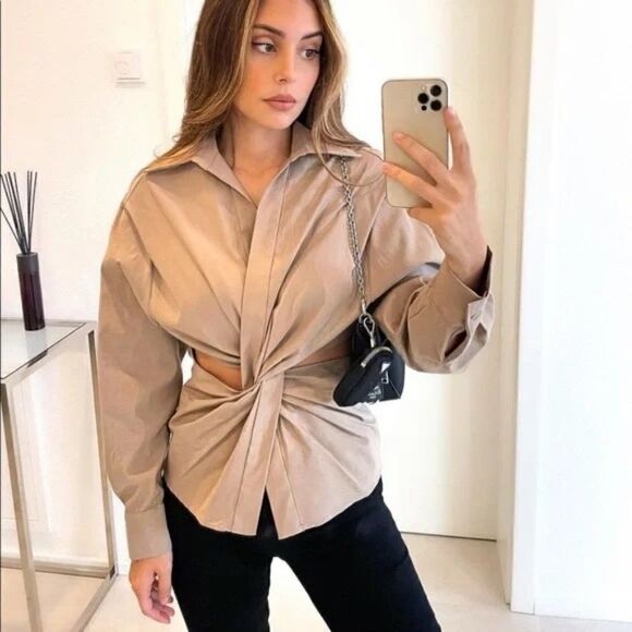 ZARA Cut Out Shirt Taupe Brown - Picture 1 of 14